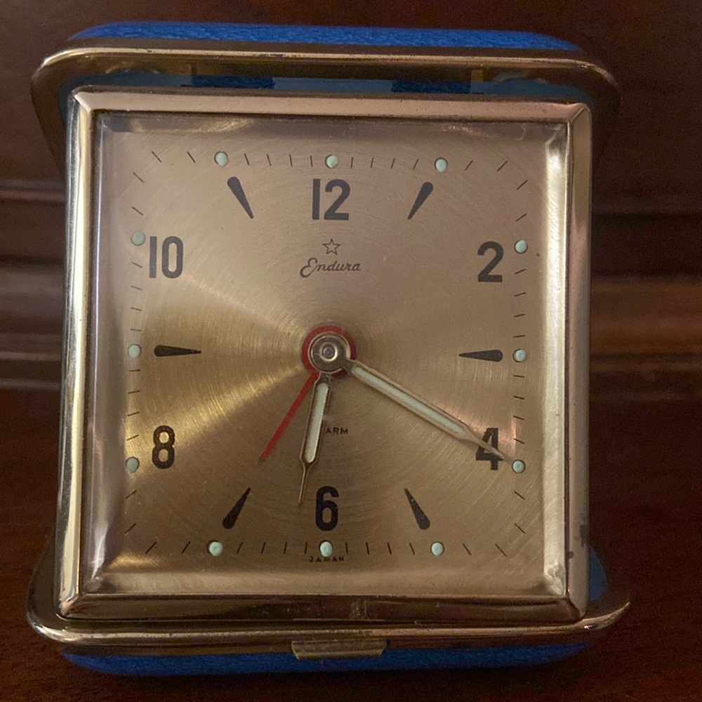 Vintage Endura travel alarm clock working folding blue case